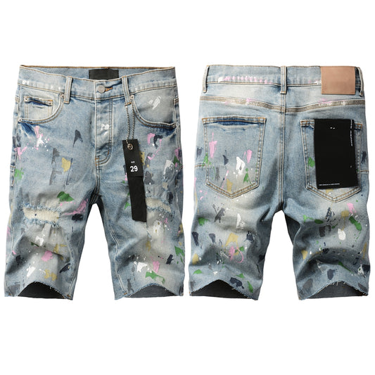 Men Streetwear Denim Shorts Light Blue Wash with Colorful Paint Splashes and Distressed Raw Hem 5066