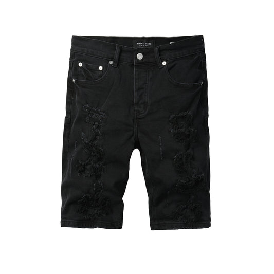 Men Streetwear Black Denim Shorts with Distressed Ripped Details and Raw Hem 5108