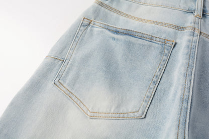 Men Streetwear Denim Shorts Light Blue Wash with Side Zipper and Distressed Raw Hem 5086