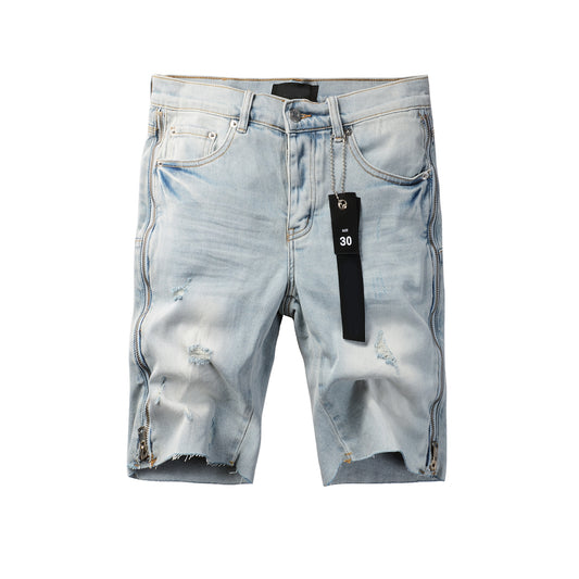 Men Streetwear Denim Shorts Light Blue Wash with Side Zipper and Distressed Raw Hem 5086