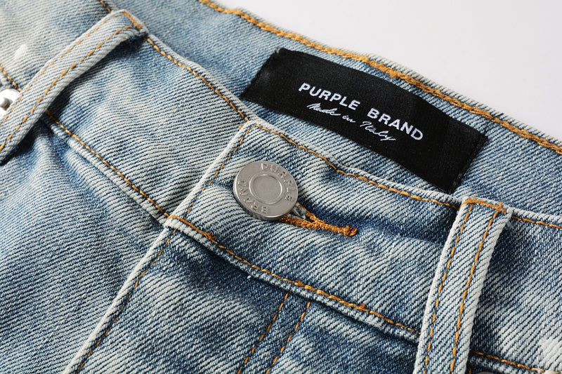 Men Streetwear Denim Shorts Light Blue Wash with Colorful Paint Splashes and Distressed Raw Hem 5066