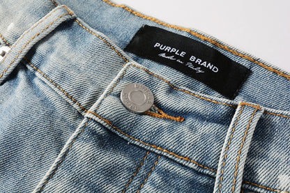 Men Streetwear Denim Shorts Light Blue Wash with Colorful Paint Splashes and Distressed Raw Hem 5066