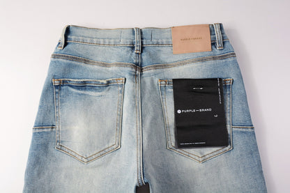 Men Streetwear Denim Shorts Light Blue Wash with Raw Hem and Vintage Finish 5016