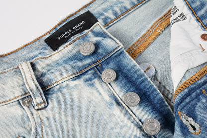 Men Streetwear Denim Shorts Light Blue Wash with Leopard Print Patched Rips 5087