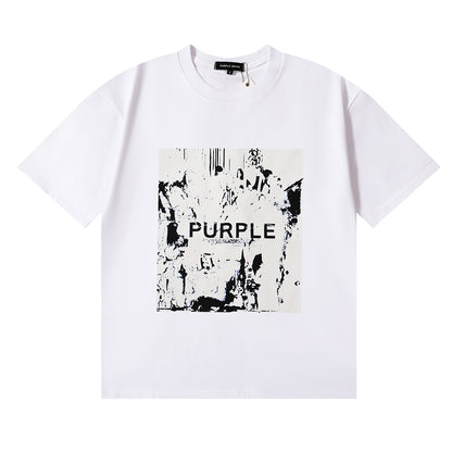 Men Streetwear Short Sleeve Tee Black & White with Purple Brand Abstract Figure Print