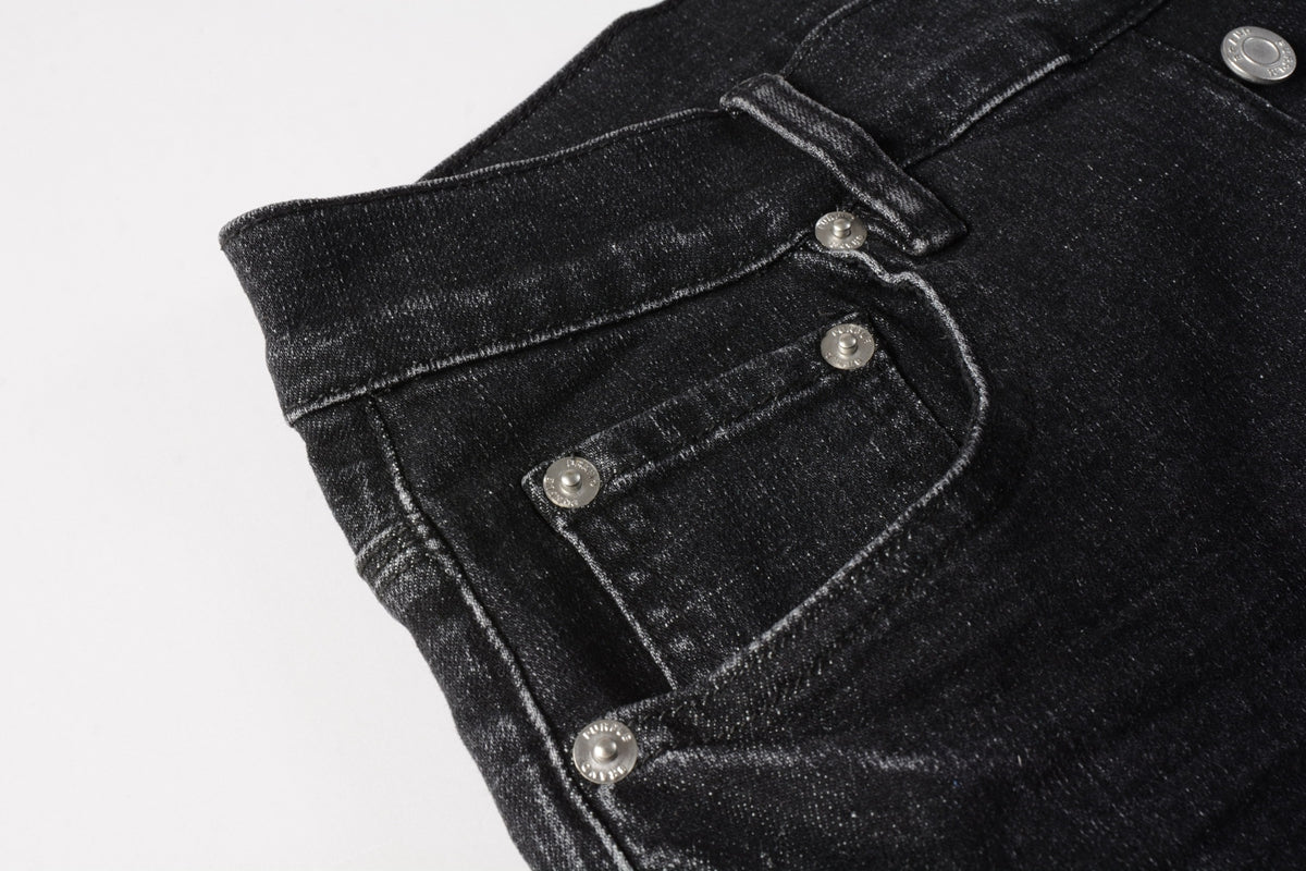 Men Streetwear Denim Shorts Black Wash with Colorful Feather Print and Raw Hem 5085