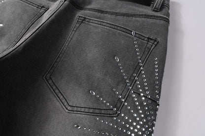 Men Streetwear Grey Denim Shorts with Radial Rhinestone Burst Patterns 5094