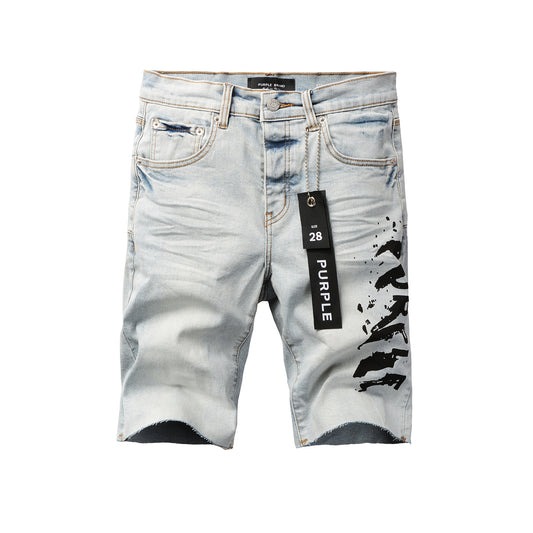 Men Streetwear Denim Shorts Light Blue Wash with Black Paint Streak Print and Raw Hem 5048