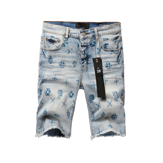Men Streetwear Denim Shorts Light Blue Wash with Blue Graphic Print and Raw Hem 5063