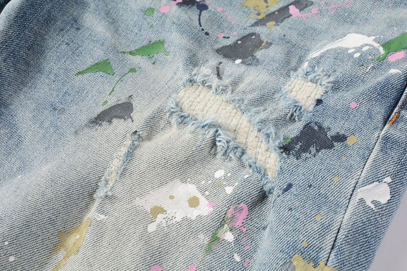 Men Streetwear Denim Shorts Light Blue Wash with Colorful Paint Splashes and Distressed Raw Hem 5066
