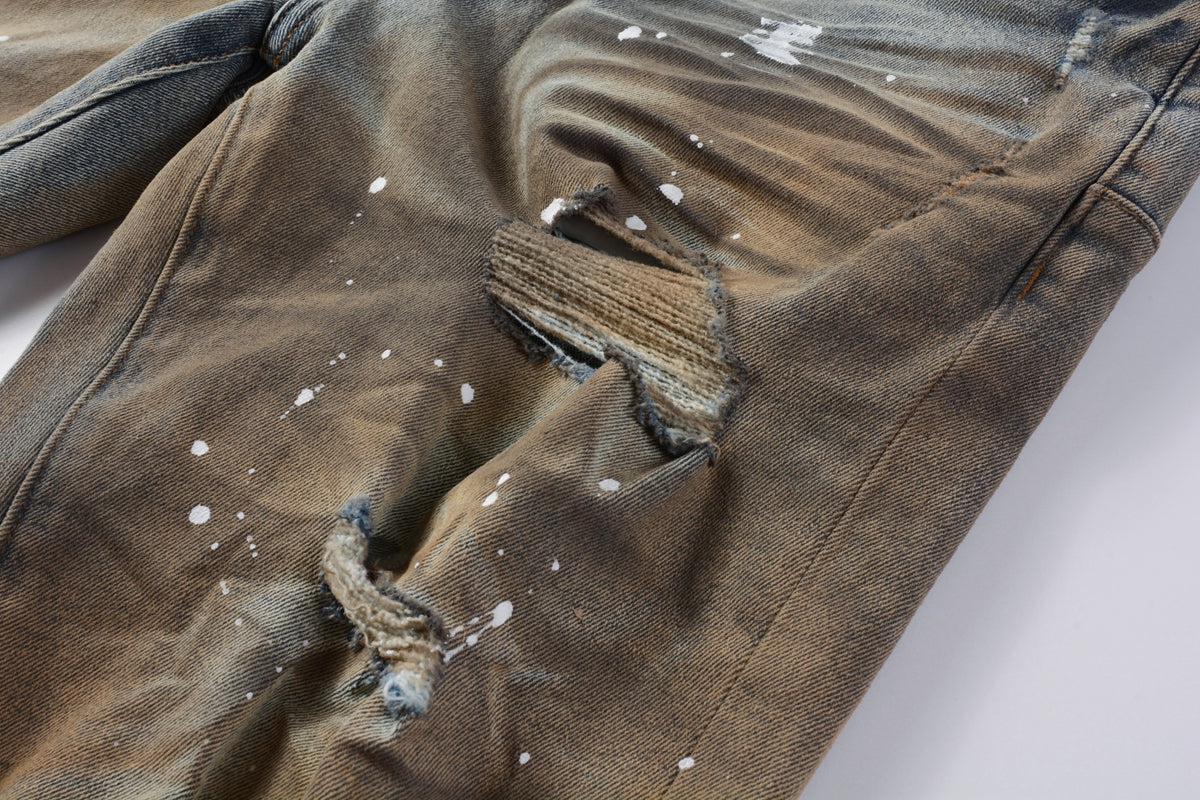 Men Streetwear Denim Shorts Brownish Wash with White Paint Splashes and Distressed Raw Hem 5012