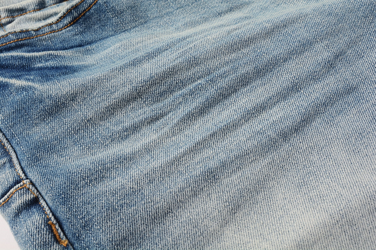 Men Streetwear Denim Shorts Light Blue Wash with Raw Hem and Vintage Finish 5016