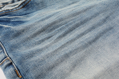 Men Streetwear Denim Shorts Light Blue Wash with Raw Hem and Vintage Finish 5016