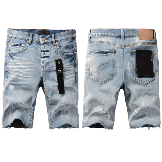 Men Streetwear Light Blue Denim Shorts with Vintage Wash and Raw Hem Finish 5091