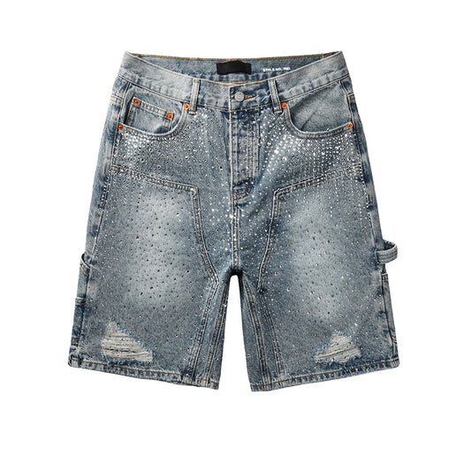 Men Streetwear Cargo Denim Shorts Light Blue Wash with Rhinestone Embellishment and Distressed Details 5097