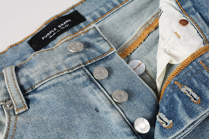 Men Streetwear Denim Shorts Light Blue Wash with Colorful Paint Splashes and Distressed Raw Hem 5066