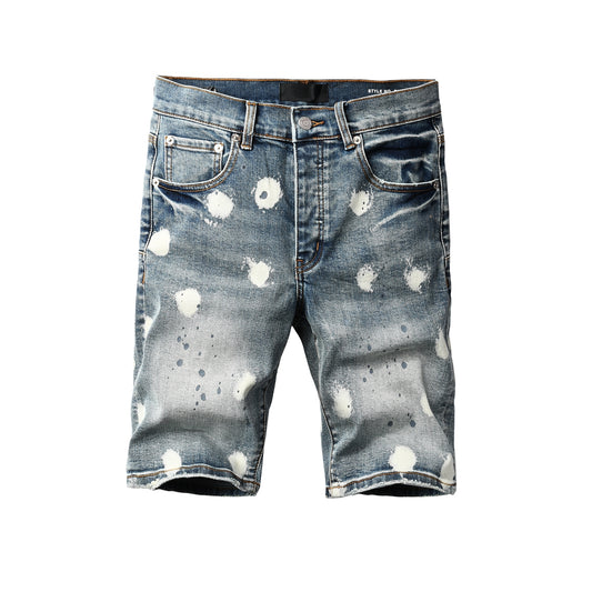 Men Streetwear Denim Shorts Light Blue Wash with Large White Paint Splashes and Speckles 5092