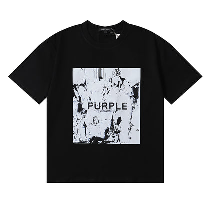 Men Streetwear Short Sleeve Tee Black & White with Purple Brand Abstract Figure Print