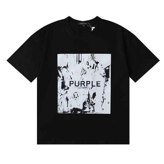 Men Streetwear Short Sleeve Tee Black & White with Purple Brand Abstract Figure Print
