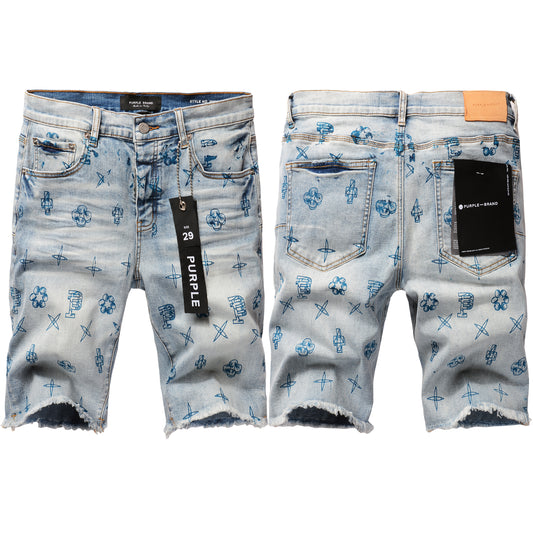 Men Streetwear Denim Shorts Light Blue Wash with Blue Graphic Print and Raw Hem 5063