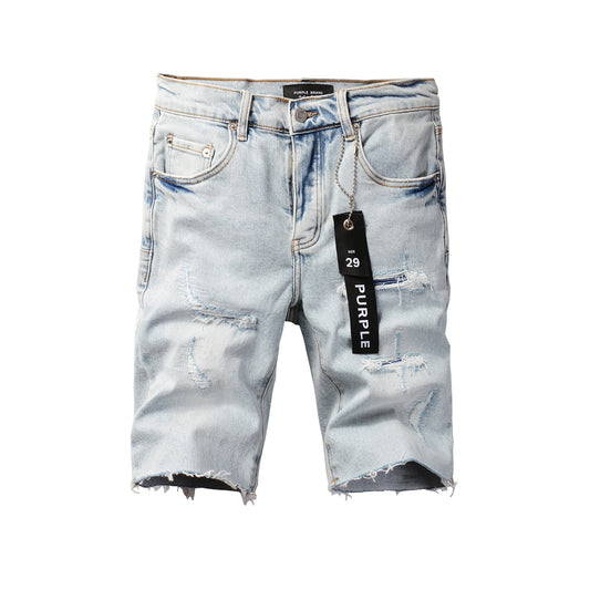 Men Streetwear Denim Shorts Light Blue Wash with Distressed Rips and Raw Hem 5088