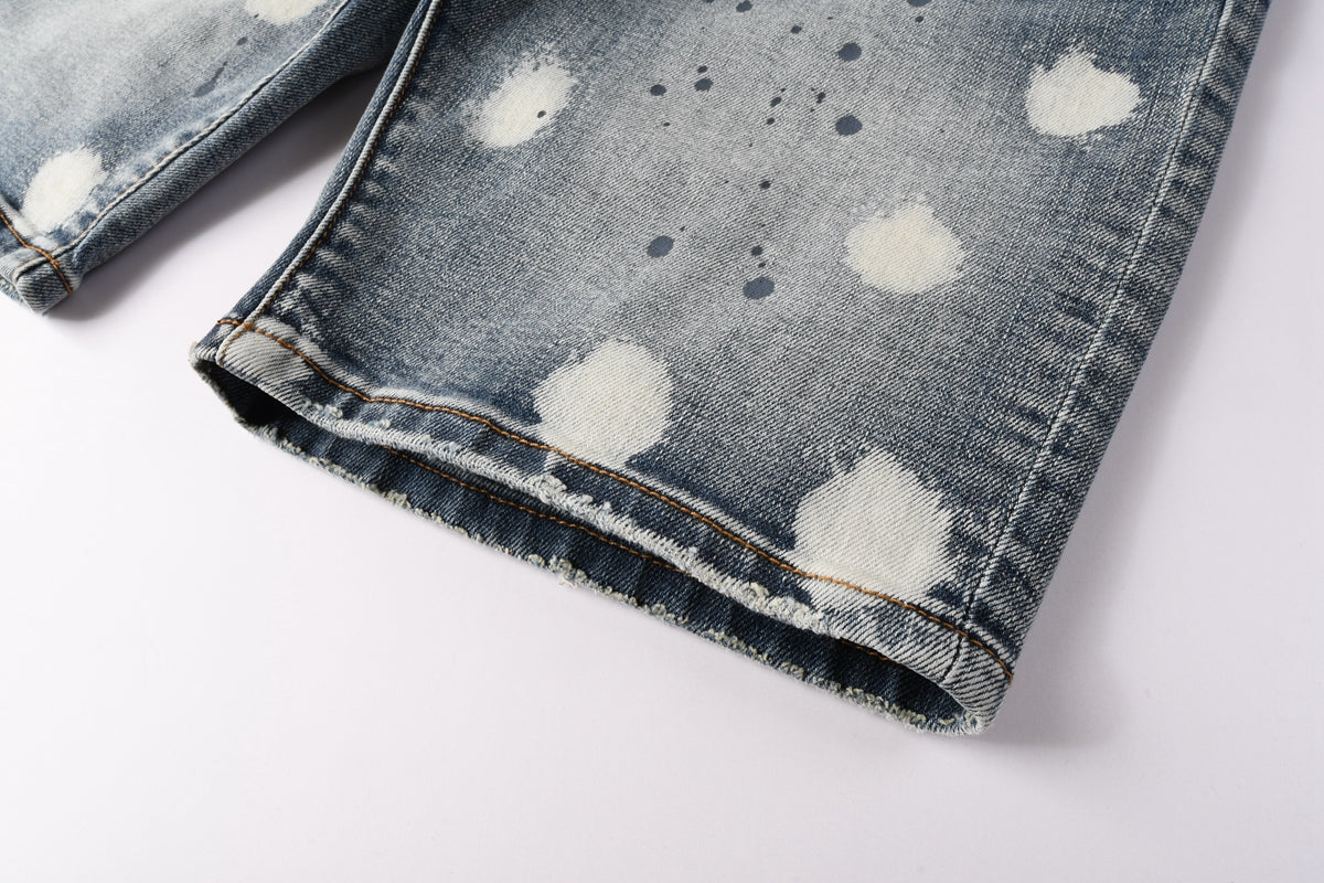 Men Streetwear Denim Shorts Light Blue Wash with Large White Paint Splashes and Speckles 5092