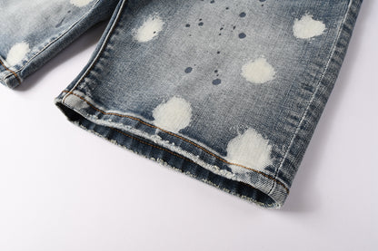 Men Streetwear Denim Shorts Light Blue Wash with Large White Paint Splashes and Speckles 5092