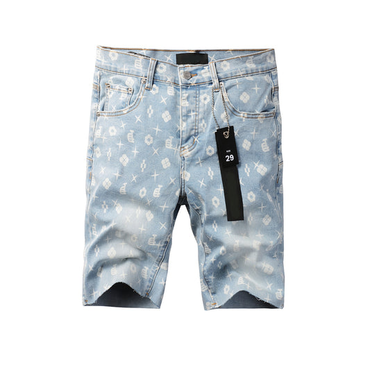 Men Streetwear Denim Shorts Light Blue Wash with White Geometric Print and Raw Hem 5089