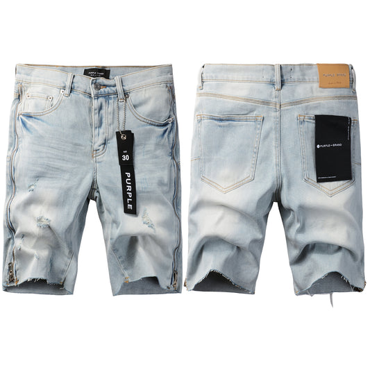 Men Streetwear Denim Shorts Light Blue Wash with Side Zipper and Distressed Raw Hem 5086