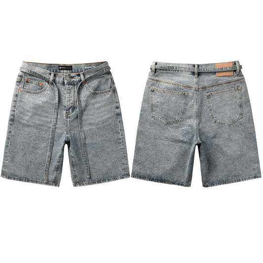 Men Streetwear Straight Denim Shorts Grey Wash with Rhinestone Speckles and Seam Accents 5096