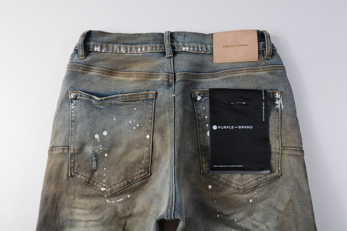 Men Streetwear Denim Shorts Brownish Wash with White Paint Splashes and Distressed Raw Hem 5012