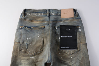 Men Streetwear Denim Shorts Brownish Wash with White Paint Splashes and Distressed Raw Hem 5012