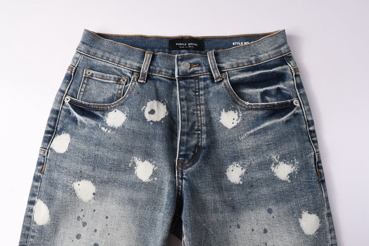 Men Streetwear Denim Shorts Light Blue Wash with Large White Paint Splashes and Speckles 5092