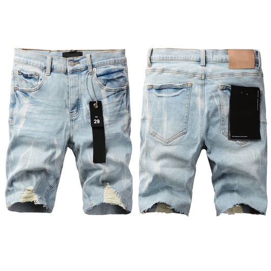 Men Streetwear Denim Shorts Light Blue Wash with White Distressed Patches and Raw Hem 5069