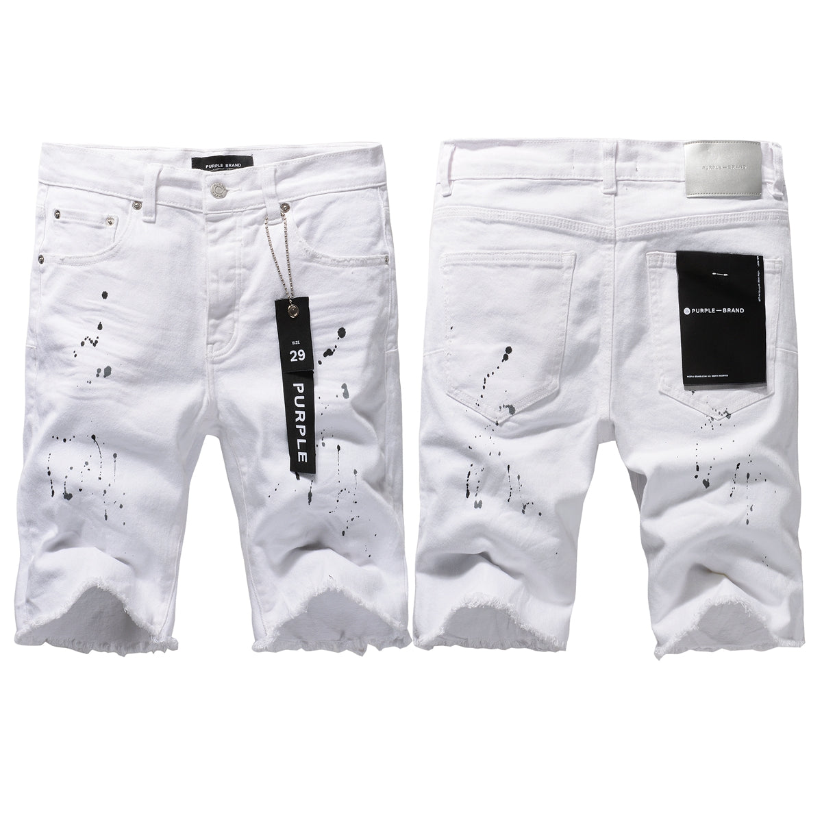Men Streetwear Denim Shorts White Wash with Black Paint Splatter Print and Raw Hem 5021
