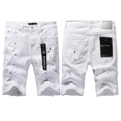 Men Streetwear Denim Shorts White Wash with Black Paint Splatter Print and Raw Hem 5021