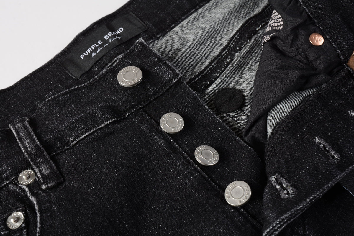 Men Streetwear Denim Shorts Black Wash with Colorful Feather Print and Raw Hem 5085