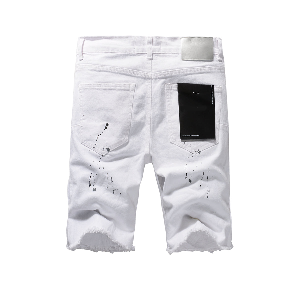 Men Streetwear Denim Shorts White Wash with Black Paint Splatter Print and Raw Hem 5021