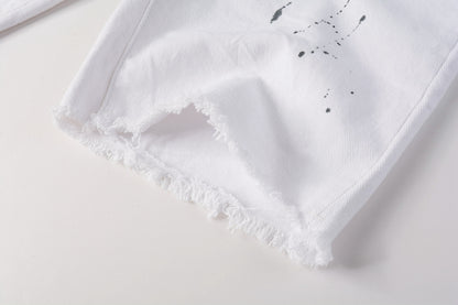 Men Streetwear Denim Shorts White Wash with Black Paint Splatter Print and Raw Hem 5021