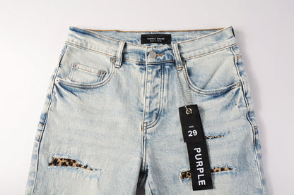 Men Streetwear Denim Shorts Light Blue Wash with Leopard Print Patched Rips 5087