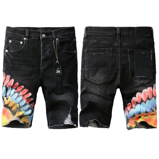 Men Streetwear Denim Shorts Black Wash with Colorful Feather Print and Raw Hem 5085