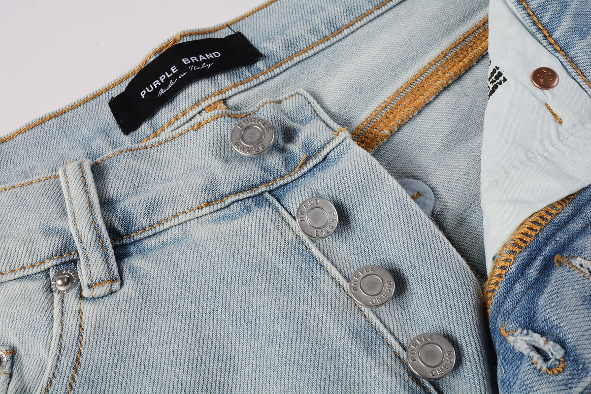 Men Streetwear Denim Shorts Light Blue Wash with Side Zipper and Distressed Raw Hem 5086