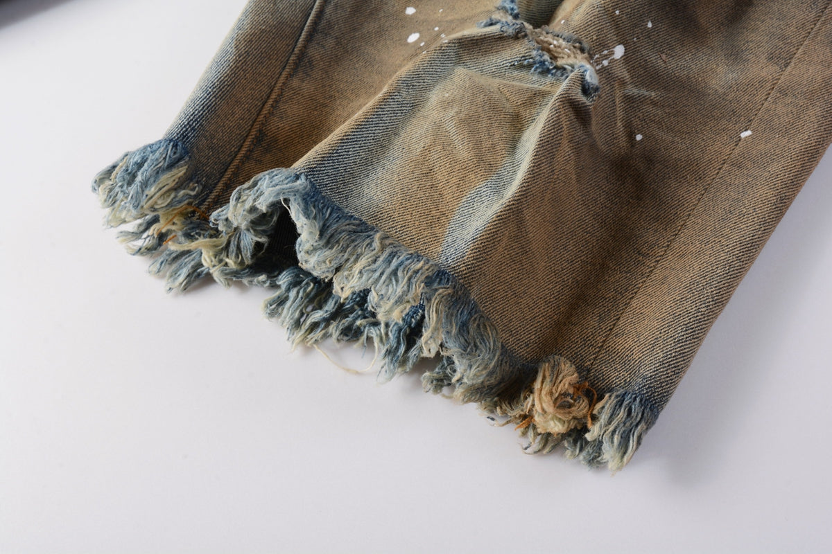 Men Streetwear Denim Shorts Brownish Wash with White Paint Splashes and Distressed Raw Hem 5012