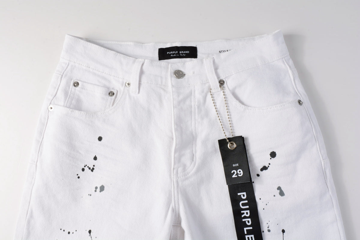 Men Streetwear Denim Shorts White Wash with Black Paint Splatter Print and Raw Hem 5021