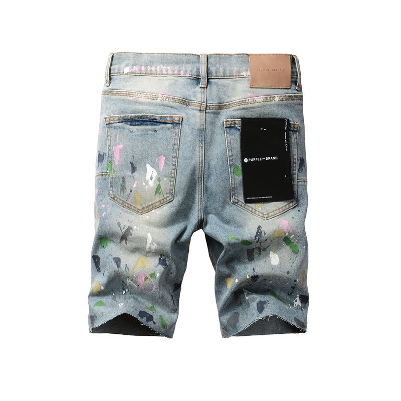 Men Streetwear Denim Shorts Light Blue Wash with Colorful Paint Splashes and Distressed Raw Hem 5066