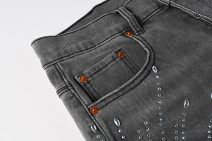 Men Streetwear Grey Denim Shorts with Radial Rhinestone Burst Patterns 5094