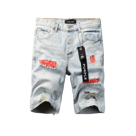 Men Streetwear Denim Shorts Light Blue Wash with Colorful Patched Rips and Raw Hem 5067