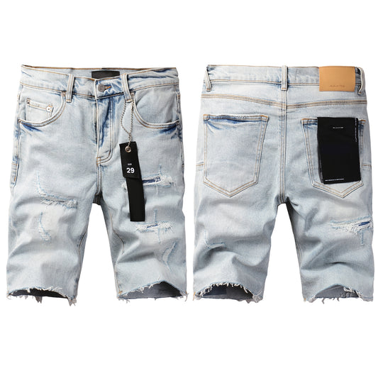 Men Streetwear Denim Shorts Light Blue Wash with Distressed Rips and Raw Hem 5088