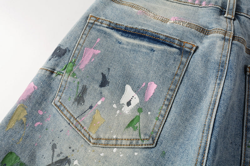 Men Streetwear Denim Shorts Light Blue Wash with Colorful Paint Splashes and Distressed Raw Hem 5066