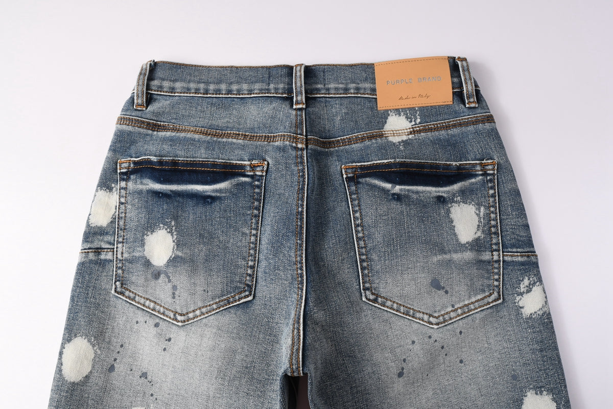 Men Streetwear Denim Shorts Light Blue Wash with Large White Paint Splashes and Speckles 5092